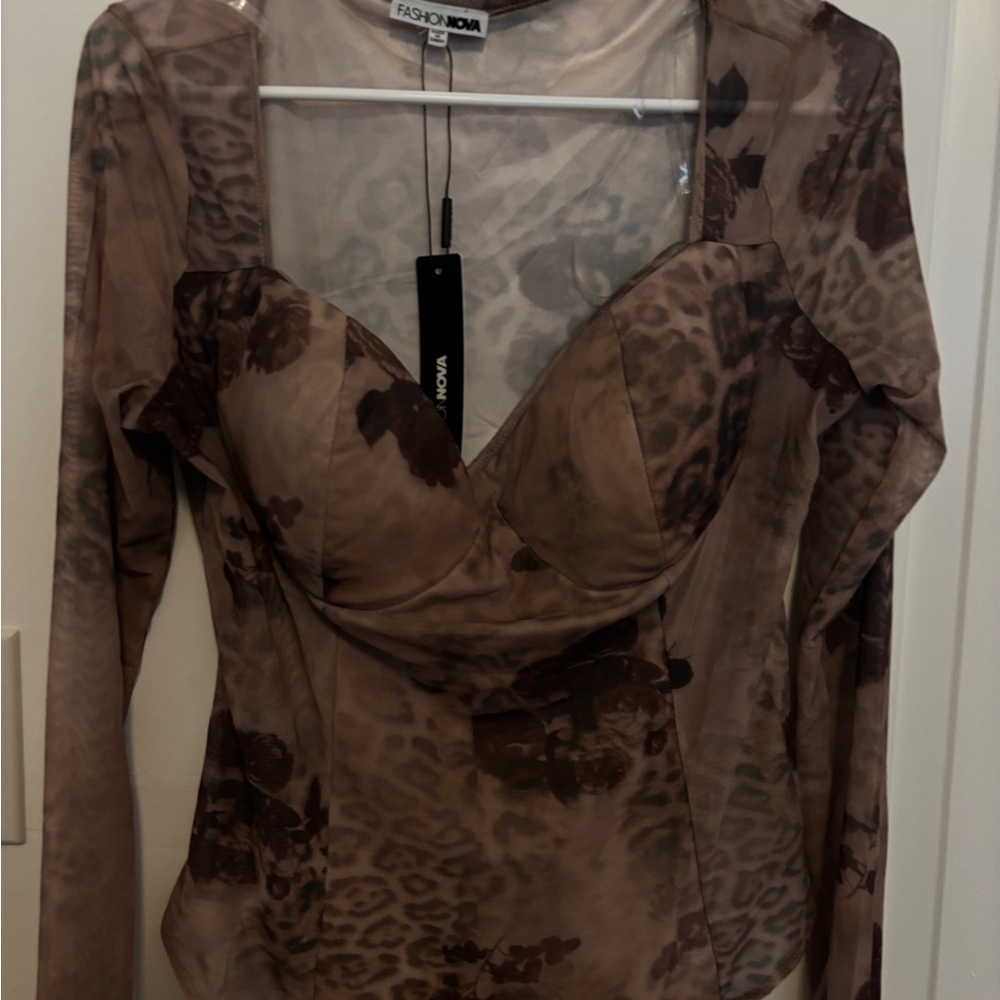 Fashion Nova Brown Cream Fitted Bodysuit with Asymmetrical Design